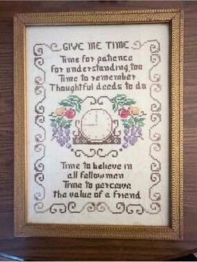 Framed Floral Cross-Stitch Wall Art in Gold - Vintage 1974